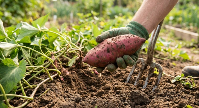 Sacando boniato de la tierra con la mano